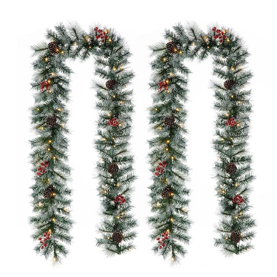 Glitzhome 9' Pre-Lit Greenery Pine Cones and Berries Christmas Garland, with 50 Warm White Lights Set, 2 Piece - Green